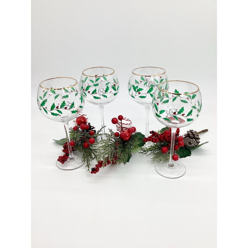 Lenox Christmas Wine Glasses, Set of 8: Gold Rim Holly Barware  (TBL) - Picture 4 of 11